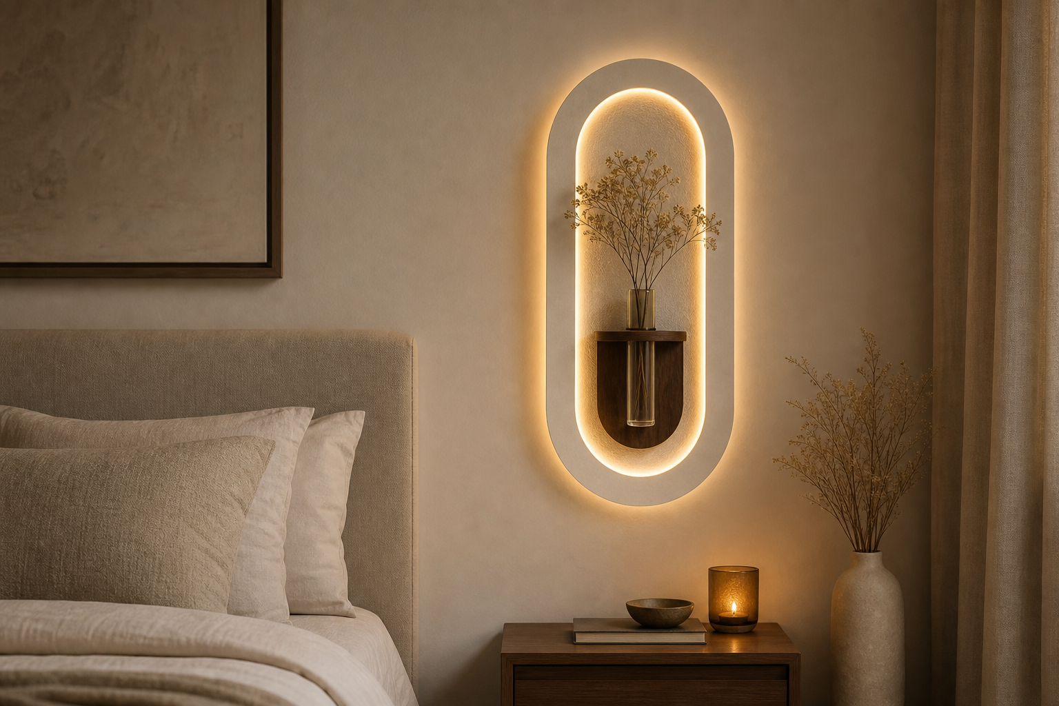 Tableau mural lumineux dans une chambre aux tons naturels.
