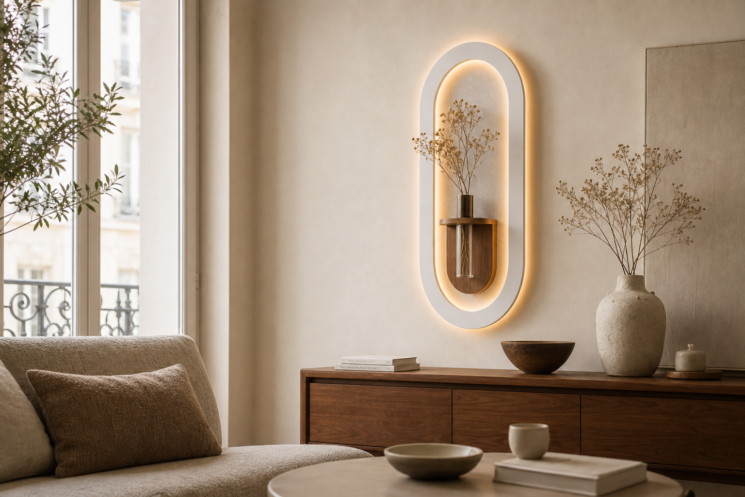 Pièce de vie avec tableau mural lumineux et détail végétal.